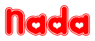 The image is a red and white graphic with the word Nada written in a decorative script. Each letter in  is contained within its own outlined bubble-like shape. Inside each letter, there is a white heart symbol.