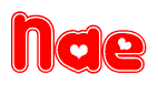 The image is a red and white graphic with the word Nae written in a decorative script. Each letter in  is contained within its own outlined bubble-like shape. Inside each letter, there is a white heart symbol.