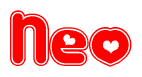 The image displays the word Neo written in a stylized red font with hearts inside the letters.