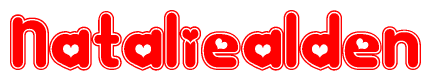 The image is a red and white graphic with the word Nataliealden written in a decorative script. Each letter in  is contained within its own outlined bubble-like shape. Inside each letter, there is a white heart symbol.