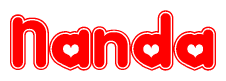 The image is a red and white graphic with the word Nanda written in a decorative script. Each letter in  is contained within its own outlined bubble-like shape. Inside each letter, there is a white heart symbol.