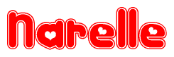 The image is a clipart featuring the word Narelle written in a stylized font with a heart shape replacing inserted into the center of each letter. The color scheme of the text and hearts is red with a light outline.