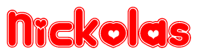 The image displays the word Nickolas written in a stylized red font with hearts inside the letters.