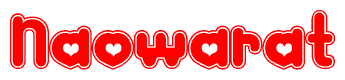 The image is a red and white graphic with the word Naowarat written in a decorative script. Each letter in  is contained within its own outlined bubble-like shape. Inside each letter, there is a white heart symbol.