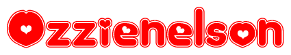 The image is a red and white graphic with the word Ozzienelson written in a decorative script. Each letter in  is contained within its own outlined bubble-like shape. Inside each letter, there is a white heart symbol.