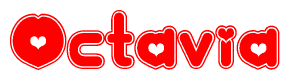 The image is a red and white graphic with the word Octavia written in a decorative script. Each letter in  is contained within its own outlined bubble-like shape. Inside each letter, there is a white heart symbol.