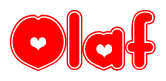 The image displays the word Olaf written in a stylized red font with hearts inside the letters.