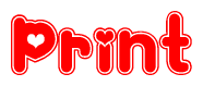 The image is a clipart featuring the word Print written in a stylized font with a heart shape replacing inserted into the center of each letter. The color scheme of the text and hearts is red with a light outline.