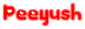 The image is a red and white graphic with the word Peeyush written in a decorative script. Each letter in  is contained within its own outlined bubble-like shape. Inside each letter, there is a white heart symbol.