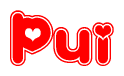 The image displays the word Pui written in a stylized red font with hearts inside the letters.