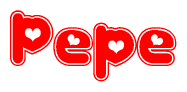The image is a clipart featuring the word Pepe written in a stylized font with a heart shape replacing inserted into the center of each letter. The color scheme of the text and hearts is red with a light outline.
