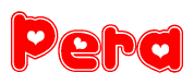 The image is a red and white graphic with the word Pera written in a decorative script. Each letter in  is contained within its own outlined bubble-like shape. Inside each letter, there is a white heart symbol.