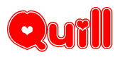 The image is a red and white graphic with the word Quill written in a decorative script. Each letter in  is contained within its own outlined bubble-like shape. Inside each letter, there is a white heart symbol.