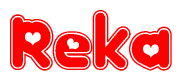 The image is a clipart featuring the word Reka written in a stylized font with a heart shape replacing inserted into the center of each letter. The color scheme of the text and hearts is red with a light outline.