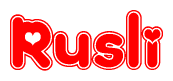 The image displays the word Rusli written in a stylized red font with hearts inside the letters.