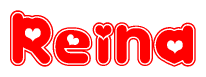 The image is a clipart featuring the word Reina written in a stylized font with a heart shape replacing inserted into the center of each letter. The color scheme of the text and hearts is red with a light outline.