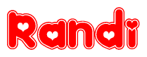 The image is a clipart featuring the word Randi written in a stylized font with a heart shape replacing inserted into the center of each letter. The color scheme of the text and hearts is red with a light outline.