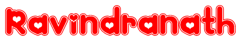 The image is a clipart featuring the word Ravindranath written in a stylized font with a heart shape replacing inserted into the center of each letter. The color scheme of the text and hearts is red with a light outline.
