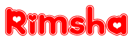 The image is a red and white graphic with the word Rimsha written in a decorative script. Each letter in  is contained within its own outlined bubble-like shape. Inside each letter, there is a white heart symbol.