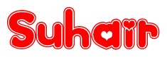 The image is a red and white graphic with the word Suhair written in a decorative script. Each letter in  is contained within its own outlined bubble-like shape. Inside each letter, there is a white heart symbol.