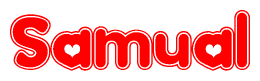 The image is a red and white graphic with the word Samual written in a decorative script. Each letter in  is contained within its own outlined bubble-like shape. Inside each letter, there is a white heart symbol.