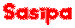 The image is a red and white graphic with the word Sasipa written in a decorative script. Each letter in  is contained within its own outlined bubble-like shape. Inside each letter, there is a white heart symbol.