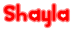 The image is a clipart featuring the word Shayla written in a stylized font with a heart shape replacing inserted into the center of each letter. The color scheme of the text and hearts is red with a light outline.