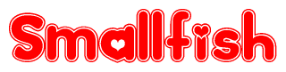 The image is a clipart featuring the word Smallfish written in a stylized font with a heart shape replacing inserted into the center of each letter. The color scheme of the text and hearts is red with a light outline.
