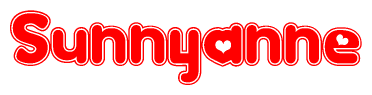 The image is a red and white graphic with the word Sunnyanne written in a decorative script. Each letter in  is contained within its own outlined bubble-like shape. Inside each letter, there is a white heart symbol.