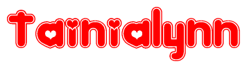 The image is a red and white graphic with the word Tainialynn written in a decorative script. Each letter in  is contained within its own outlined bubble-like shape. Inside each letter, there is a white heart symbol.