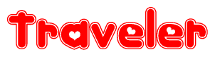 The image is a clipart featuring the word Traveler written in a stylized font with a heart shape replacing inserted into the center of each letter. The color scheme of the text and hearts is red with a light outline.