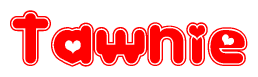The image is a clipart featuring the word Tawnie written in a stylized font with a heart shape replacing inserted into the center of each letter. The color scheme of the text and hearts is red with a light outline.