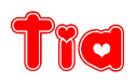The image is a red and white graphic with the word Tia written in a decorative script. Each letter in  is contained within its own outlined bubble-like shape. Inside each letter, there is a white heart symbol.