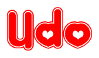 The image is a clipart featuring the word Udo written in a stylized font with a heart shape replacing inserted into the center of each letter. The color scheme of the text and hearts is red with a light outline.