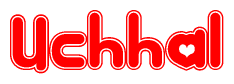 The image is a clipart featuring the word Uchhal written in a stylized font with a heart shape replacing inserted into the center of each letter. The color scheme of the text and hearts is red with a light outline.