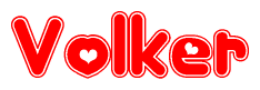 The image is a red and white graphic with the word Volker written in a decorative script. Each letter in  is contained within its own outlined bubble-like shape. Inside each letter, there is a white heart symbol.