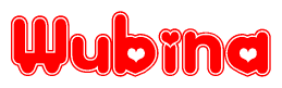 The image is a clipart featuring the word Wubina written in a stylized font with a heart shape replacing inserted into the center of each letter. The color scheme of the text and hearts is red with a light outline.