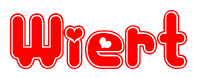 The image is a red and white graphic with the word Wiert written in a decorative script. Each letter in  is contained within its own outlined bubble-like shape. Inside each letter, there is a white heart symbol.