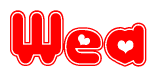 The image is a clipart featuring the word Wea written in a stylized font with a heart shape replacing inserted into the center of each letter. The color scheme of the text and hearts is red with a light outline.