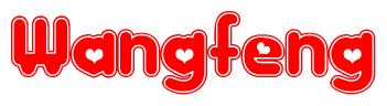 The image is a clipart featuring the word Wangfeng written in a stylized font with a heart shape replacing inserted into the center of each letter. The color scheme of the text and hearts is red with a light outline.