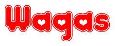 The image is a red and white graphic with the word Waqas written in a decorative script. Each letter in  is contained within its own outlined bubble-like shape. Inside each letter, there is a white heart symbol.