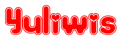 The image is a red and white graphic with the word Yuliwis written in a decorative script. Each letter in  is contained within its own outlined bubble-like shape. Inside each letter, there is a white heart symbol.