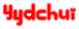 The image is a red and white graphic with the word Yydchui written in a decorative script. Each letter in  is contained within its own outlined bubble-like shape. Inside each letter, there is a white heart symbol.