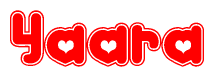 The image is a red and white graphic with the word Yaara written in a decorative script. Each letter in  is contained within its own outlined bubble-like shape. Inside each letter, there is a white heart symbol.