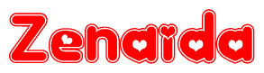 The image is a red and white graphic with the word Zenaida written in a decorative script. Each letter in  is contained within its own outlined bubble-like shape. Inside each letter, there is a white heart symbol.