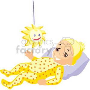 A Baby in a Yellow Dotted Sleeper Laying on a Pillow Playing with a Sun Toy clipart. Commercial use image # 368975