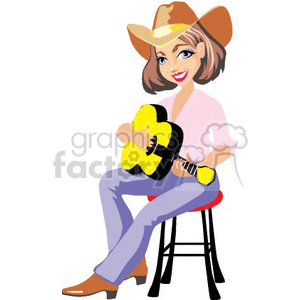 clipart - A Cowgirl Wearing a Leather Hat and Boots Sitting on a Stool Playing a Guitar.