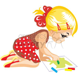 clipart - A little girl coloring on the floor in a red and white polka dotted dress.