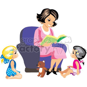 clipart - A Nice Happy Teacher Reading a Book to Two Girls.
