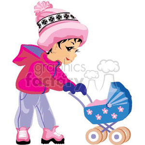 Little Girl Dressed up Nice and Warm Pushing her Little Baby Carriage clipart.